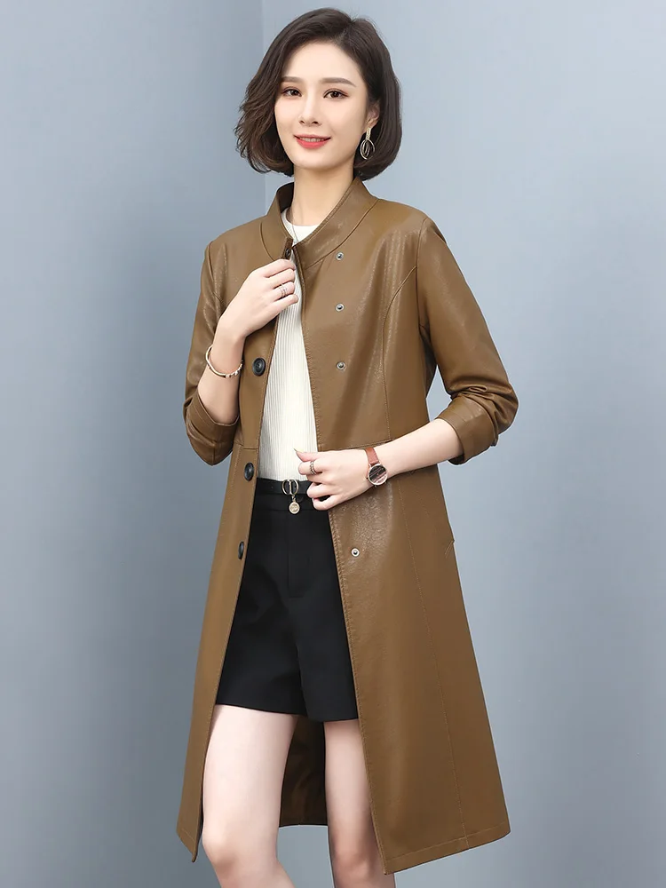 New Women Stand Collar Leather Coat Autumn Winter 2022 Casual Fashion Single Breasted Loose Slim Waist Split Leather Trench Coat