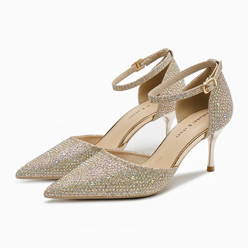 

New Fashion Show Sexy Sandals Woman Rhinestone Buckle Strap Sequined Cloth 7CM Thin Heels Fashion Evening Dress Women Shoes Pump