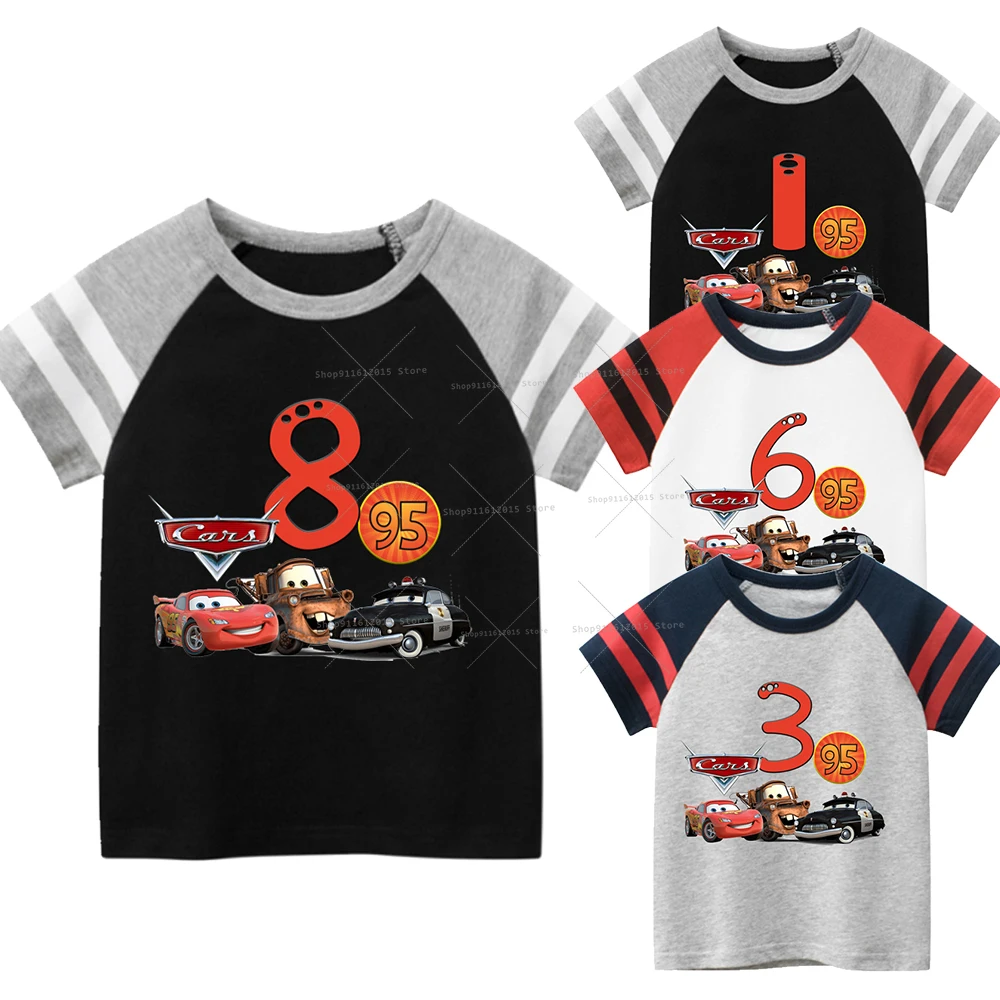 Майка для малышей Cars Flash Lightning Mcqueen с номером, футболка для мальчиков и девочек с полосками на день рождения, детская анимационная летняя одежда.