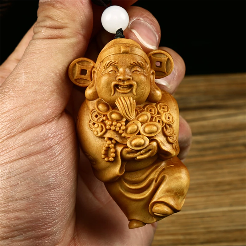 

4*3*7cm Boxwood Handmade Carving God Collective Wealth Fengshui Figurine Statue Exquisite Hand Pieces Decorate Key Chain