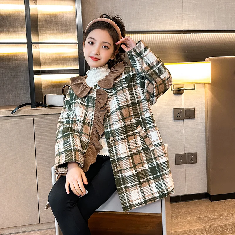 

Корейский стиль, Осень-зима 2023, Детская куртка, верхняя одежда, клетчатое пальто для девочек младшего возраста, кардиган для девочек, пальто, осенняя куртка для девочек