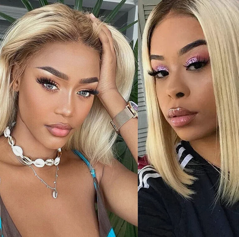 4/613 Ombre Блондинка Кружева Передние Парики Боб Человеческие Волосы Короткие 13x4