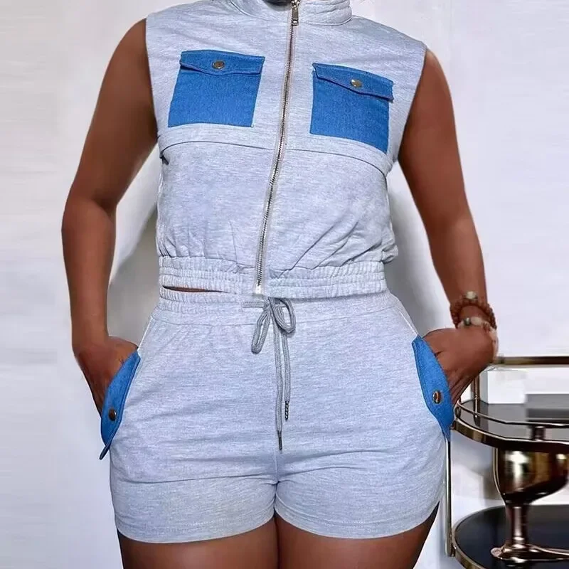 Женский Повседневный костюм из 2 предметов короткий топ на молнии без рукавов и с