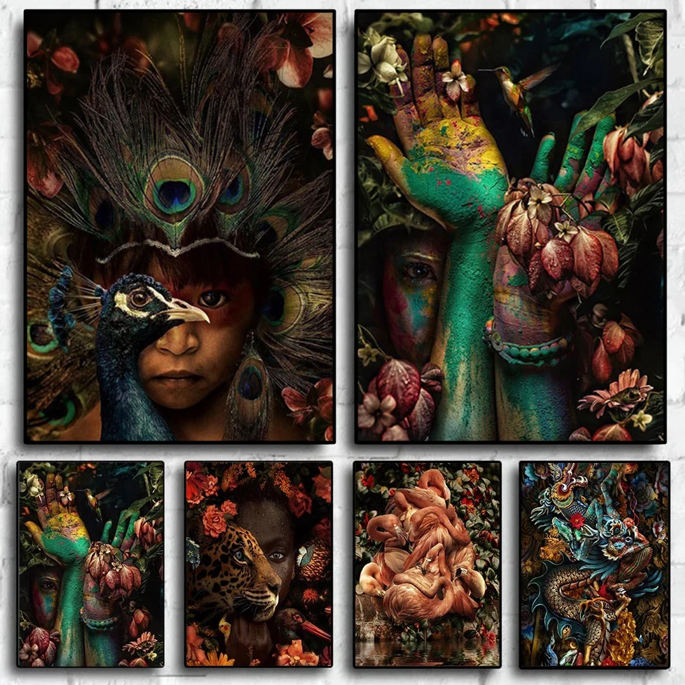 

Abstract African Girl Boy Flower Peacock Canvas Painting Vintage Flore Animals Poster Prints Figure Painting Home Decor Wall Art