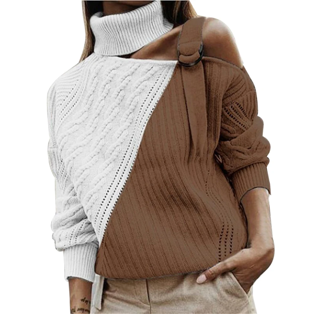 

Women Sexy Off Shoulder Sweater Patchwork Turtleneck Buckle Knitted Pullover Jumper Tops Pull Long Sleeve Knitwear Autumn Winter
