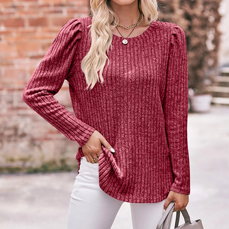 

Women Fashion Knitted O-Neck Sweater Pullover Tees T-shirts Long Sleeve Loose Casual Autumn and Winter Solid Color