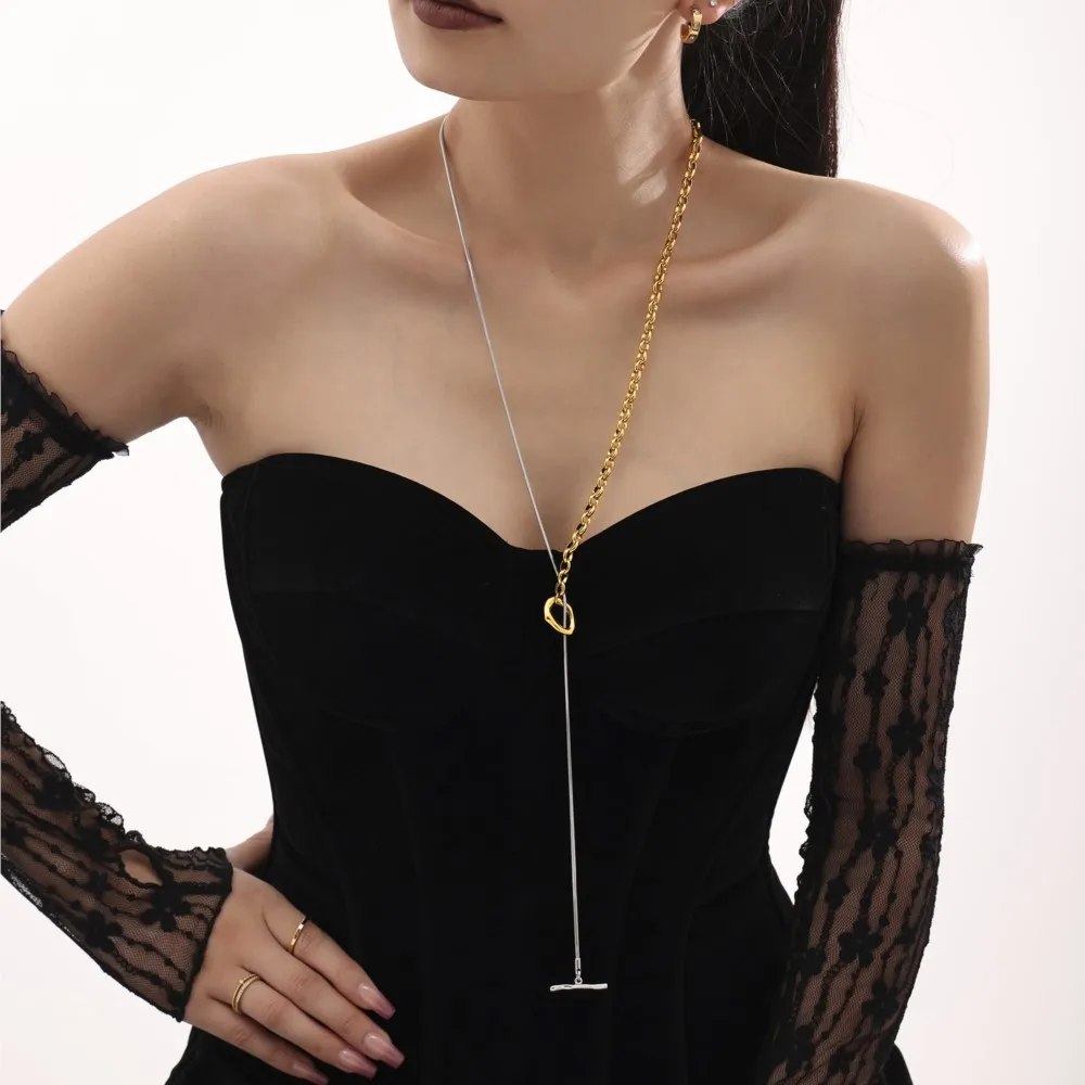 Двухцветное длинное ожерелье из нержавеющей стали с пряжкой OT для женщин