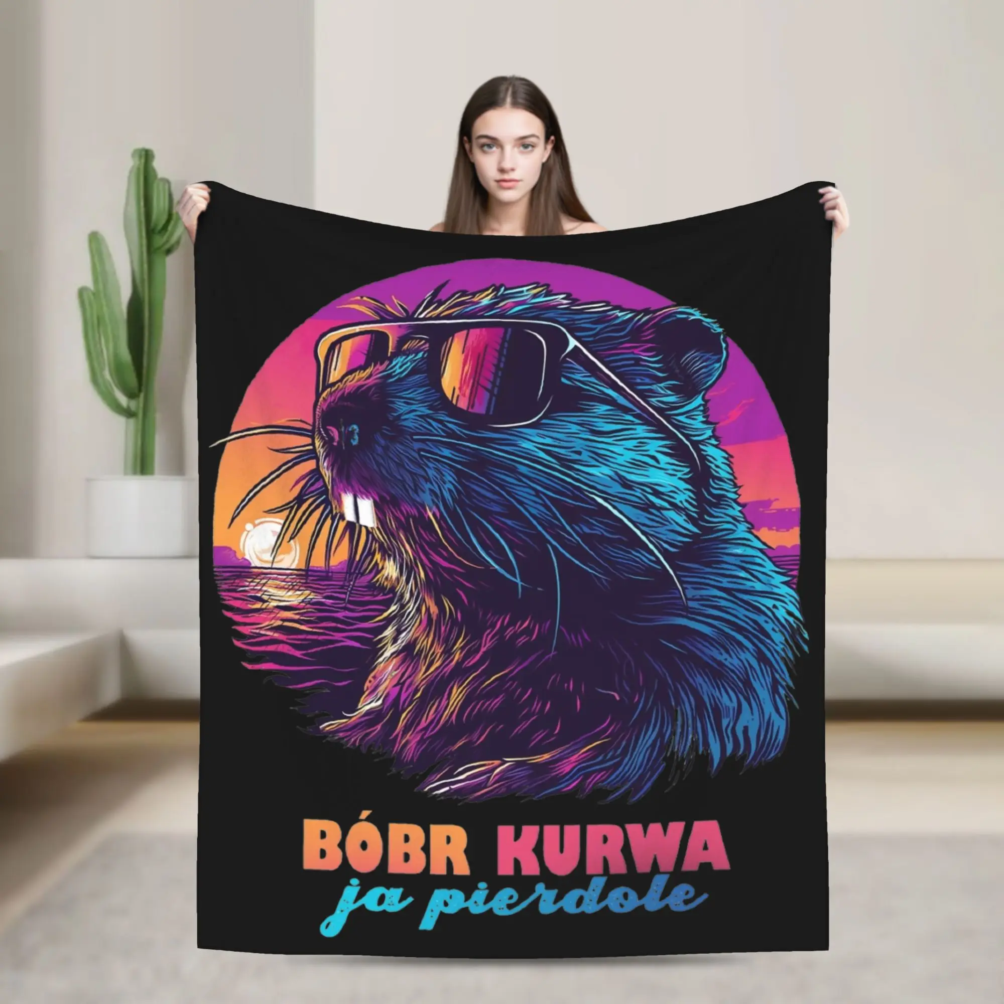 Фото Теплое мягкое одеяло Synthwave Polish Beaver Meme Ja pierdole Bobr Bober Kurwa, фланелевое покрывало для дивана, кровати №1