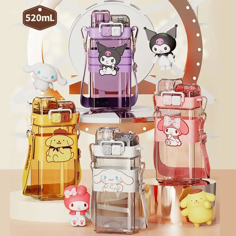 

520Ml Kawaii Cinnamoroll Kuromi Cartoon Straw Water Bottle Anime Melody Pompompurin Sports Portable Cups Coffe Mug Birthday Gift