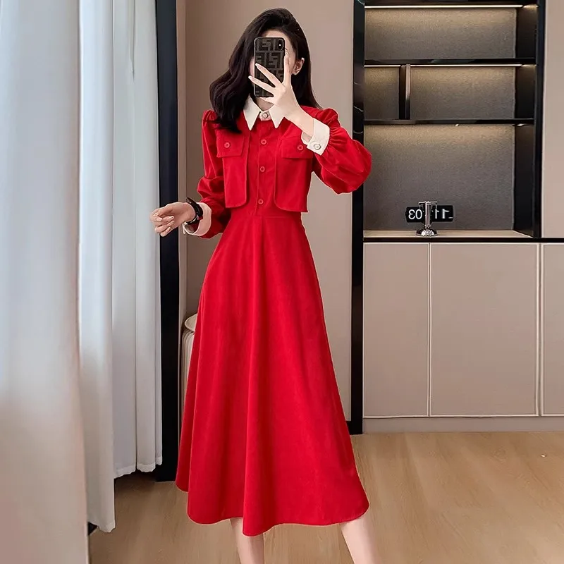 

Autumn High Quality Newest Fashion Red Long Dress Fake Two-piece Set Casual Robe Dresses Women Spring Blaci Long Sleeve Dresses