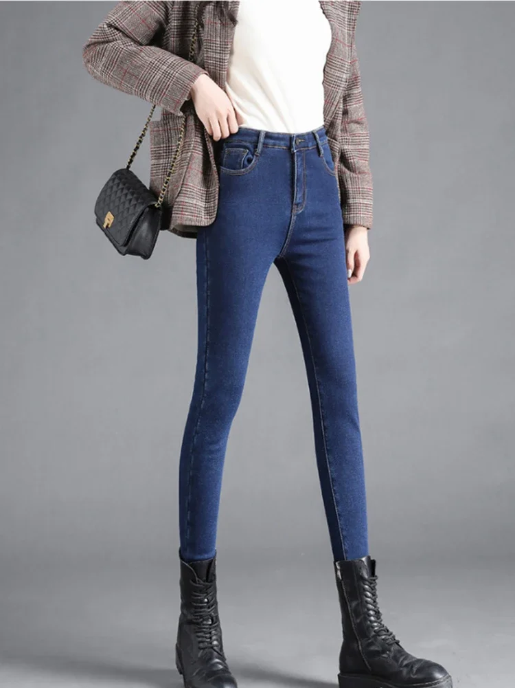 Утепленные джинсы зимние теплые джинсовые брюки-карандаш с плюшевой подкладкой