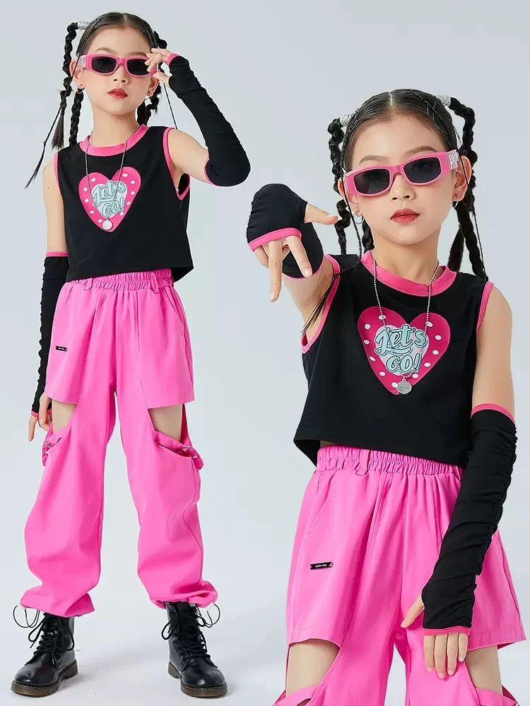 

Танцевальная одежда в стиле хип-хоп для детей, черные топы для девочек, костюм для выступления в пупке, розовые брюки-карго, костюм для сцены стандарта DNV17129