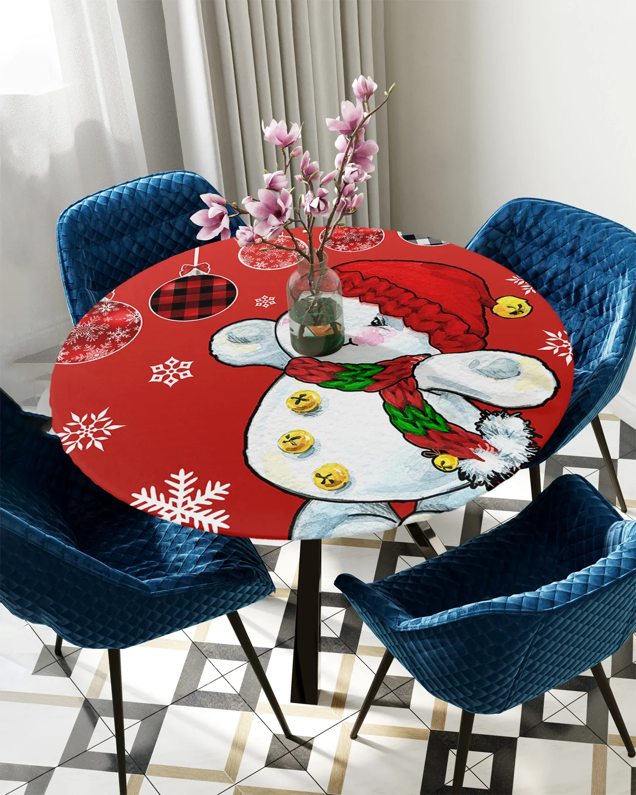 

Christmas Snowman Snowflake Lights Round Table Cover Holiday Party Dinner Table Elastic Tablecloth Kitchen Waterproof Tableclot