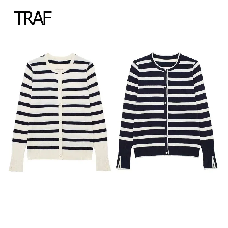 

TRAF Striped Rustic Knitted Coat Summer Coats Woman 2023 Round Neck Long Sleeve Button-Up Front Coat Female Casual Party Coat