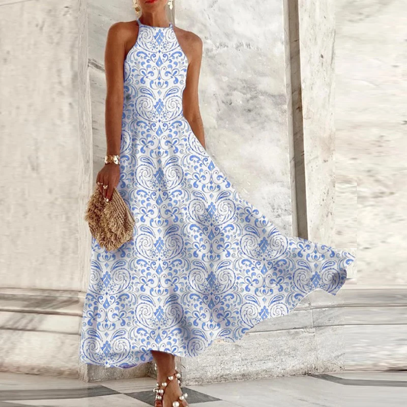 

Женское длинное платье без рукавов, повседневное свободное пляжное платье с винтажным принтом, элегантное праздвечерние платье с лямкой на...