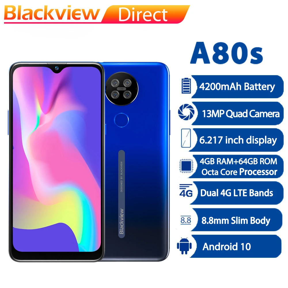 Blackview A80s Helio A25 Android 10 Smartphone 4GB RAM 64GB ROM 13MP Quad Camera 4200mAh 6.2