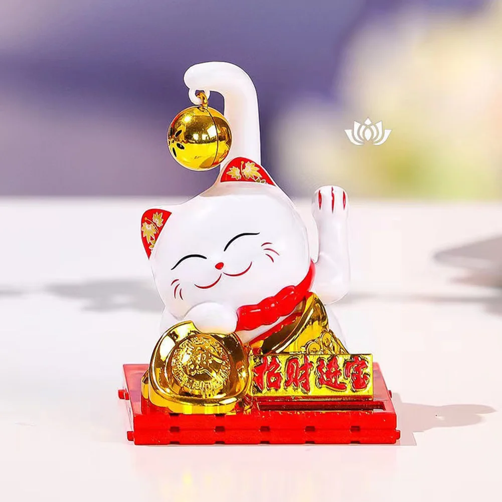 Cute Lucky Cat Solar Powere Lucky Wealth Waving Hand Fortune Cat Welcome Long Tail Cat Sculpture Statue Decoration Car Ornament