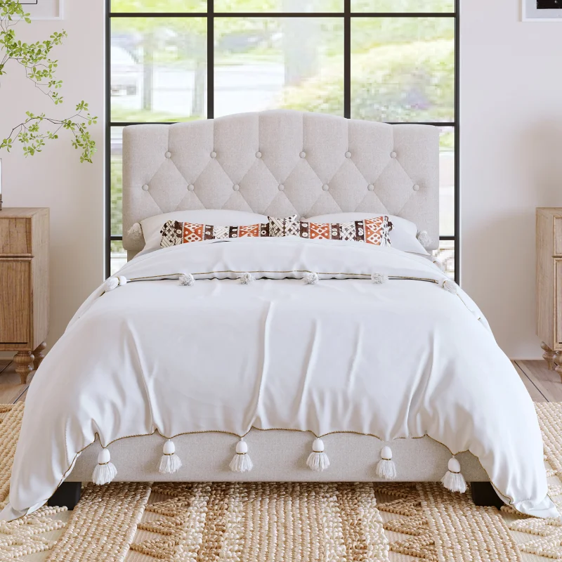 

[Flash Deal]Elegant Upholstered Arc Tufted Linen Platform Bed Frame with Diamond Tufting Comfortable Interior Oversize Beige