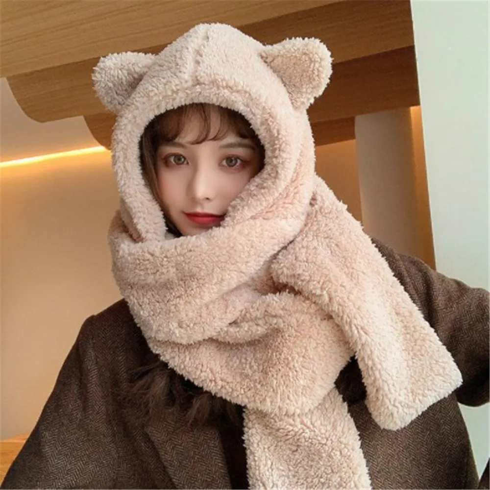 

2022 New Cute Bear Ear Hat Scarf Gloves Set Winter Women Beanies Cap Warm Casual Plush Hats Casual Solid Fleece Hat Girl Present