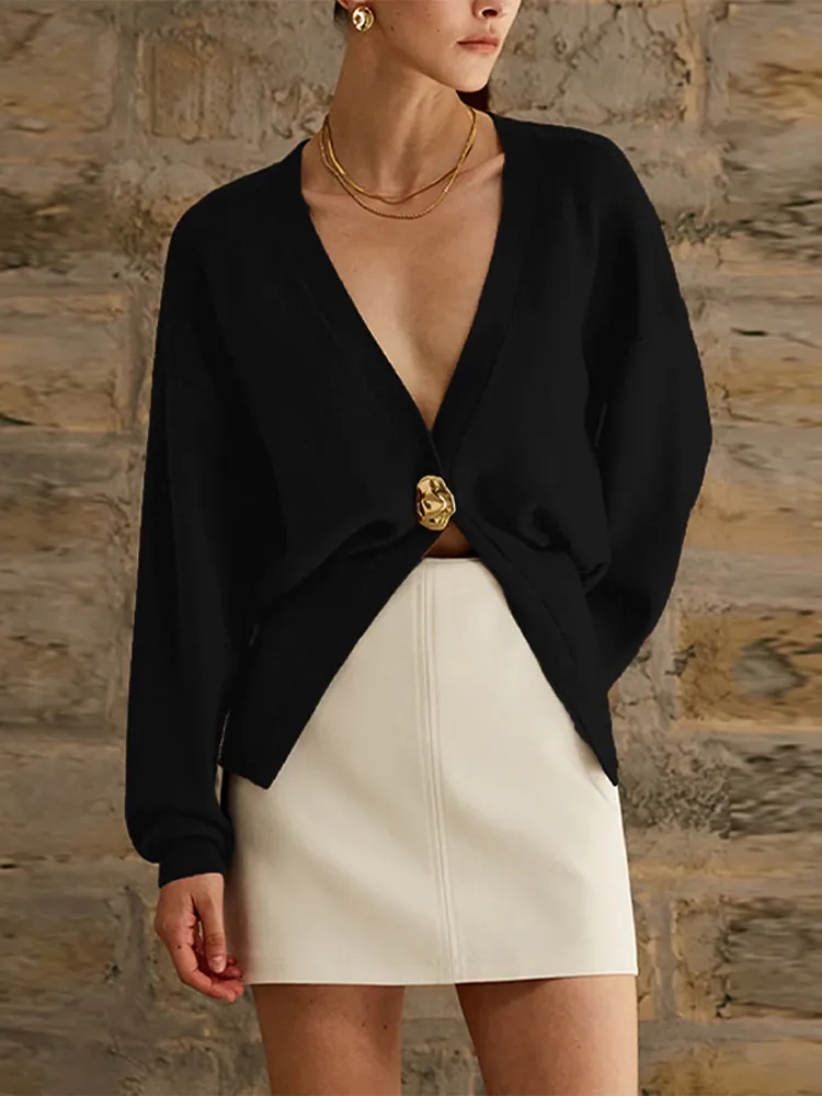 Элегантный однотонный вязаный женский свитер на пуговицах шикарный Свободный