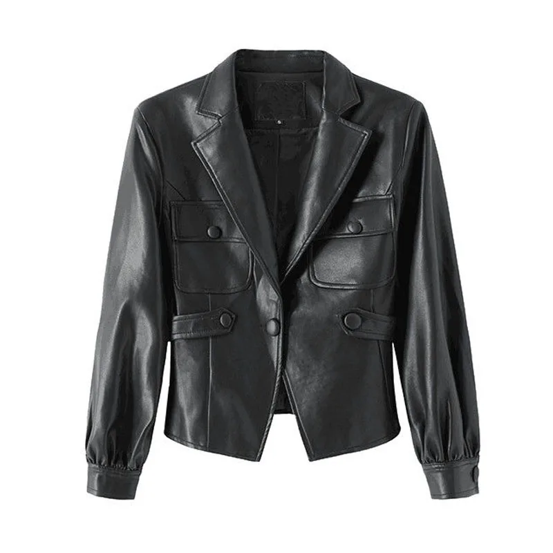 1pcs Womens Short PU Leather Jackets Coat 2022 Autumn New Faux Fur Buttons Splicing Small Pocket Ladies Skinny Locomotive Coats