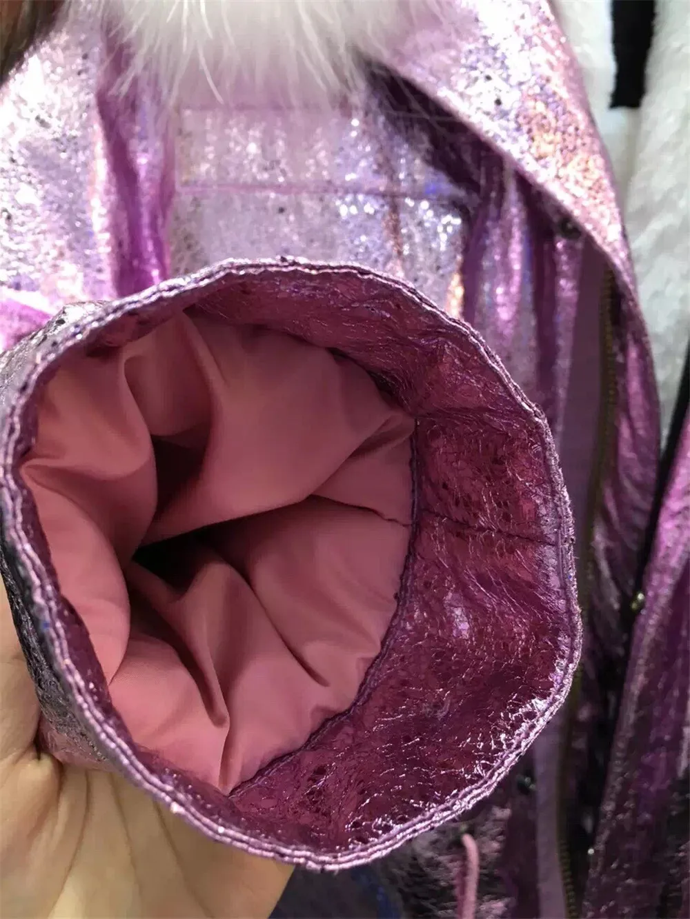 Высококачественная фиолетовая Кожаная парка женская зимняя белая одежда из