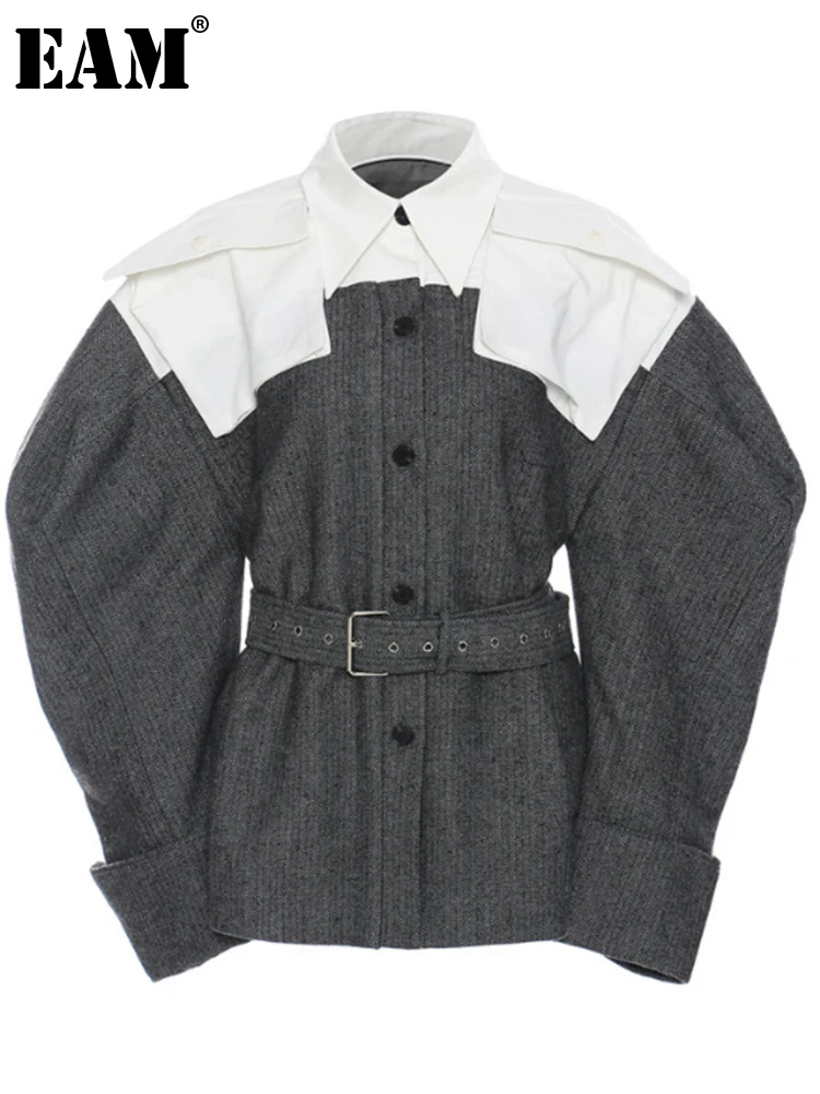 

[EAM] Loose Fit Contrast Color Shaped Belt Jacket New Lapel Long Sleeve Women Coat Fashion Tide Autumn Winter 2022 1DD3629