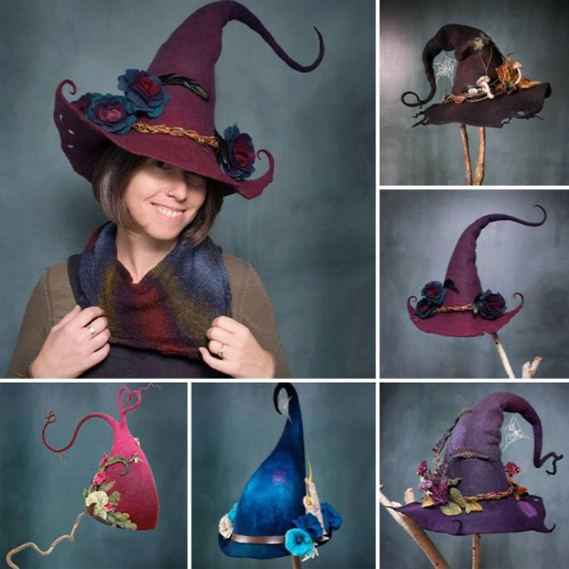 

1pc Adult Witch Hats Masquerade Ribbon Wizard Hat Costume Party Birthday Witches Top Pointed Caps Cosplay Halloween Props