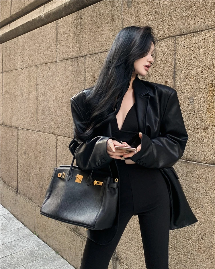 PU Leather Suit Jacket Women's Autumn 2022 Motorcycle Jacket Leather Lapel Short Top Elegant Office Lady Black Leather Suit