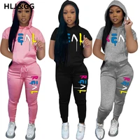 hljgg casual letter print women two piece set new autumn casual hooded collar t shirts and skinny long pants 2pcs outfits 2022