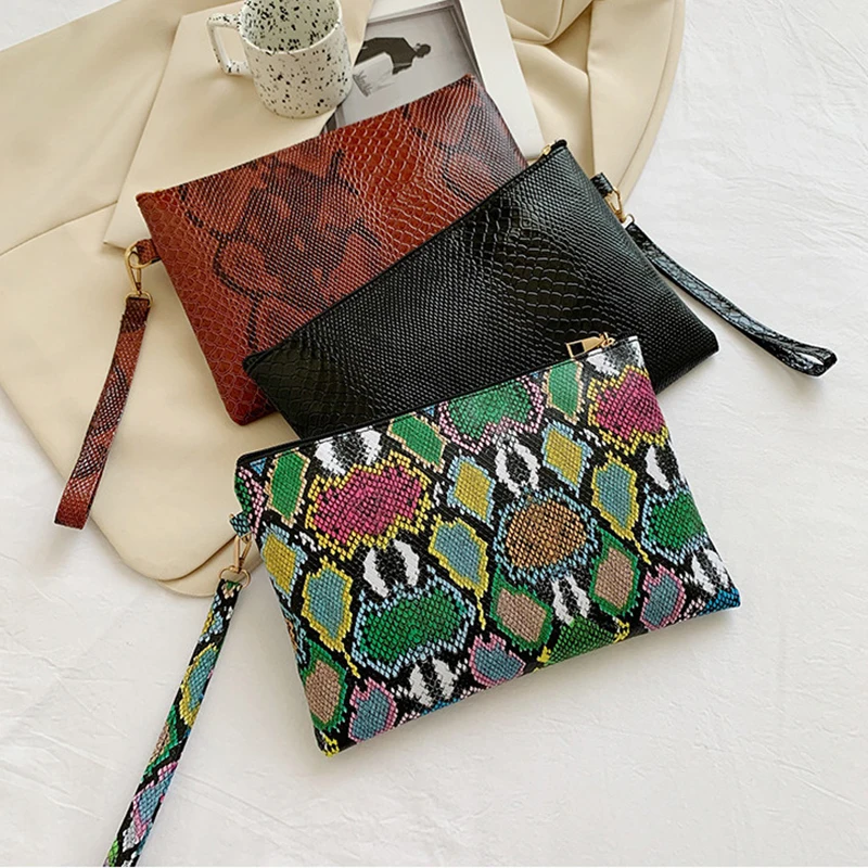 

Fashion Trend Women Clutch PU Leather Snake Pattern Print Evelope Bag Wristlet Bags Female Casual Small Handbags Day Pouch Purse