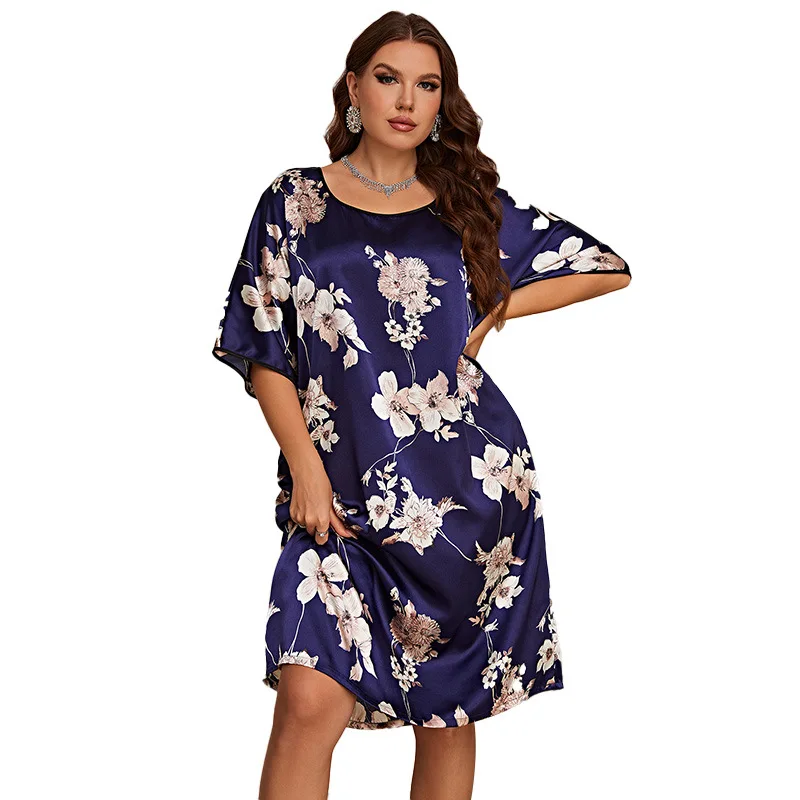 Large Size Pajamas Women's Mid-length Printed Pullover Dress Summer New Home Clothes Silk Ice Silk Nightdress