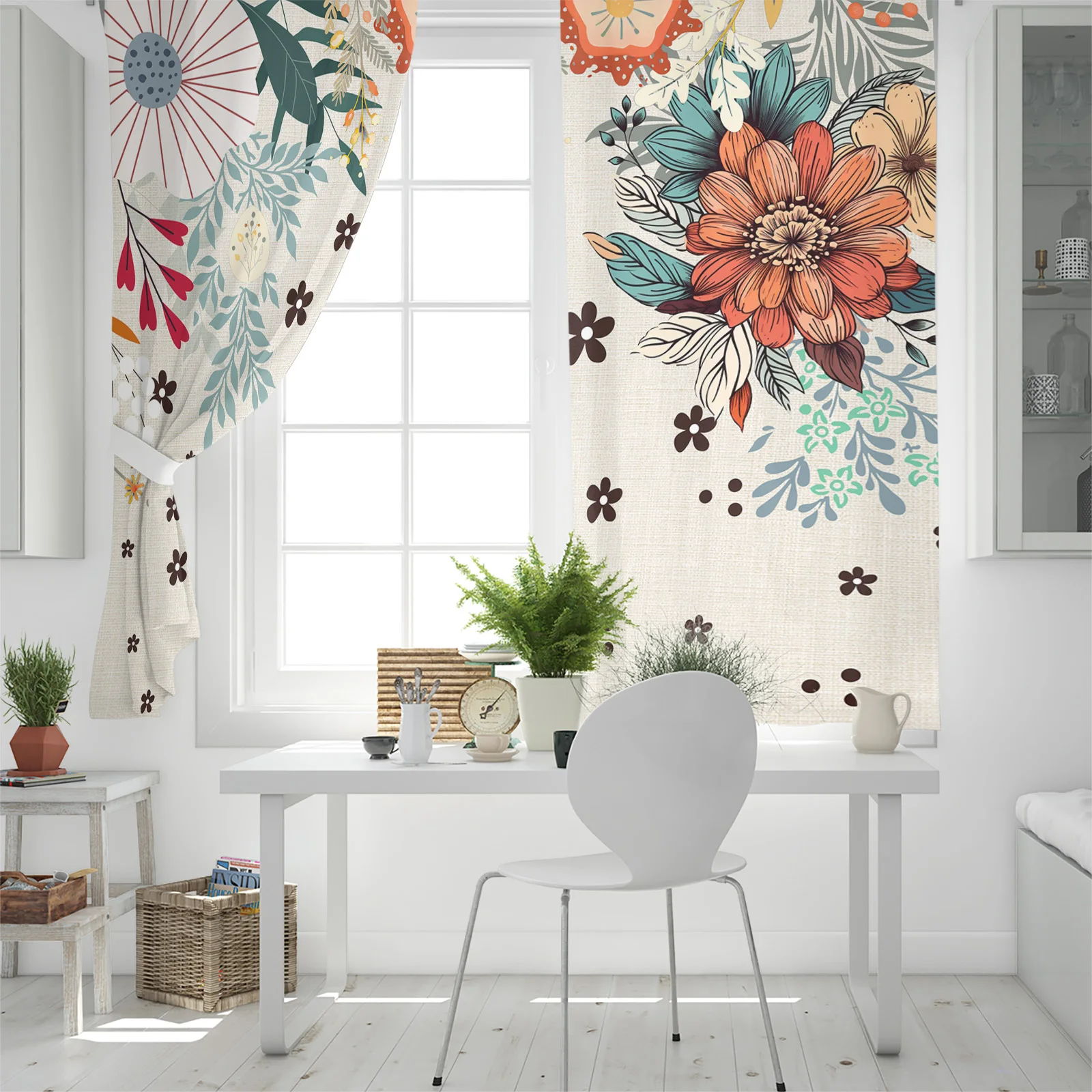 Занавески на окна в богемном абстрактном стиле с цветочными растениями