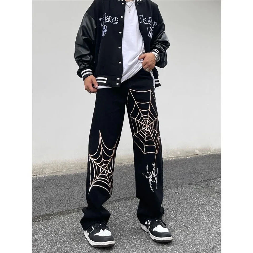 Jeans, American, High Street, Hip Hop, Men, Loose, Straight, Wide Leg Pants, Design, Spider Web, Print, Denim Trousers