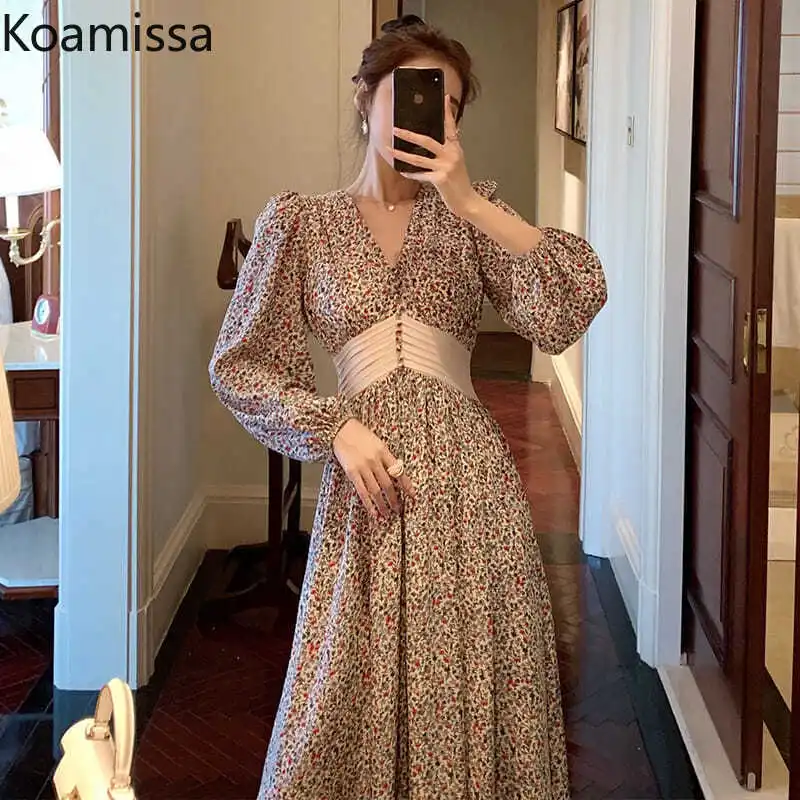 Koamissa Floral Women Patchwork Slim A Line Dress Long Sleeves V Neck Lady Daily Holiday Party Dresses Chic Spring Fall Vestidos