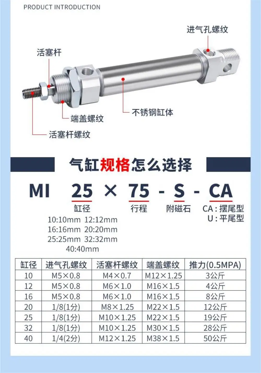 Пневматический цилиндр Airtec MI10X12X16X20X25X40X50X75X80X100X150X200SU