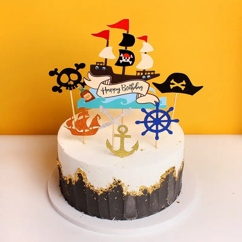 

Pirate Cake Decoration Birthday Party Decor Kids Cake Topper Skeleton Nautical Pirate Theme Skull Bone Cake Flag Halloween Decor