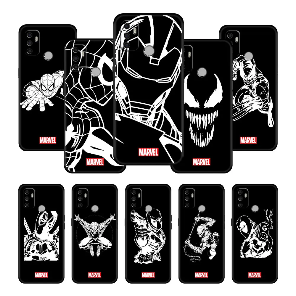 

Black Marvel Iron Man Spiderman Case for Oppo A16 A9 A5 A74 A93 A53 A15 A32 A16s 2020 A95 A92 A53s A52 A5s Celular Bag Casing