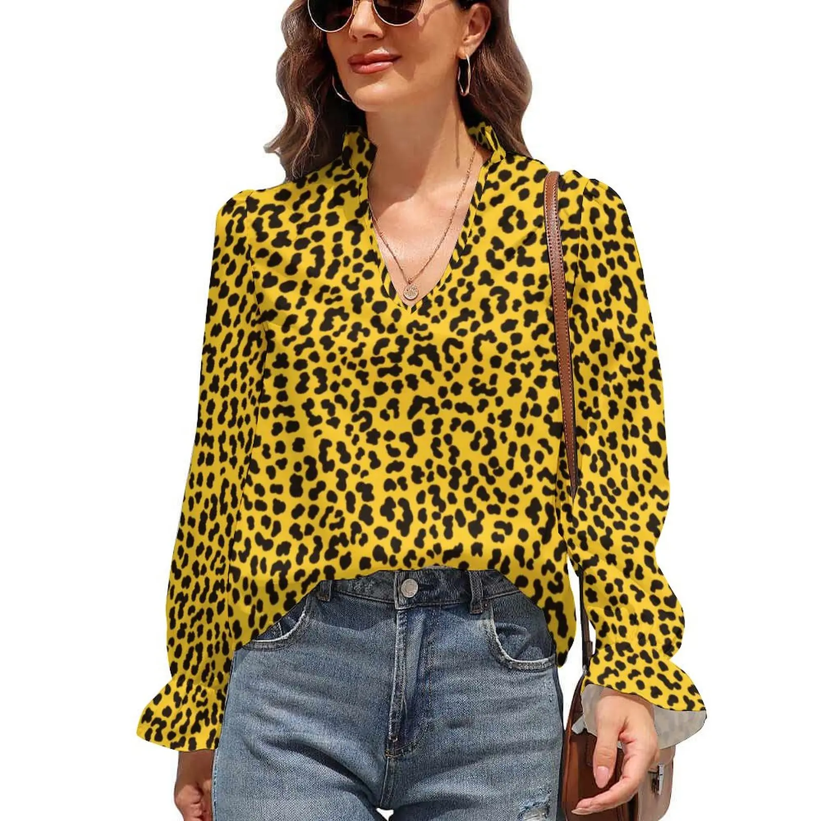

Retro 80S Punk Rock Blouse Neon Yellow Leopard Print Streetwear Chiffon Blouses Lady V Neck Puff Sleeve Pretty Shirts Retro Tops