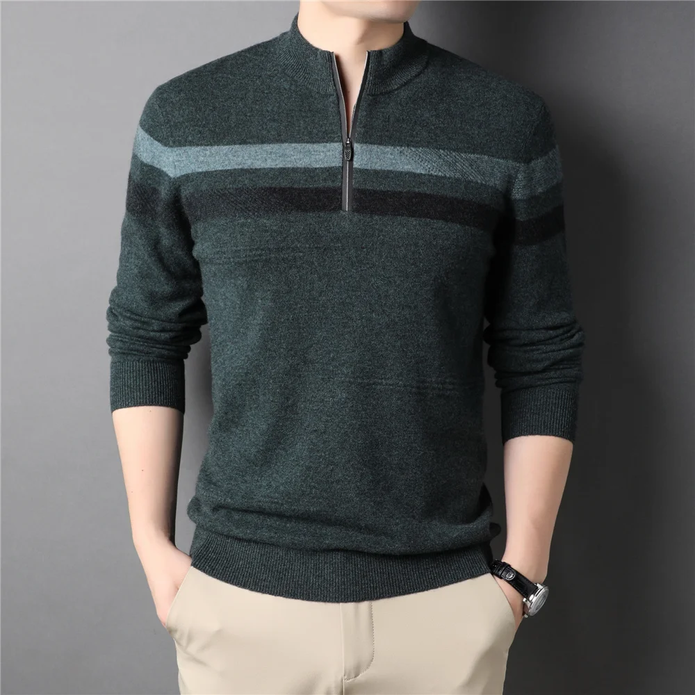 100% Brand Merino Wool Mock Neck Zipper Sweater Men Clothes Autumn Winter New Arrival Striped Warm Pullover Homme Z3034