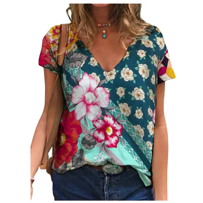 

Casual Women Summer New T Shirt 2021 Fashion Contrast Color Floral Print Ladies Loose Tops 3XL Plus Size Short Sleeve Streetwear