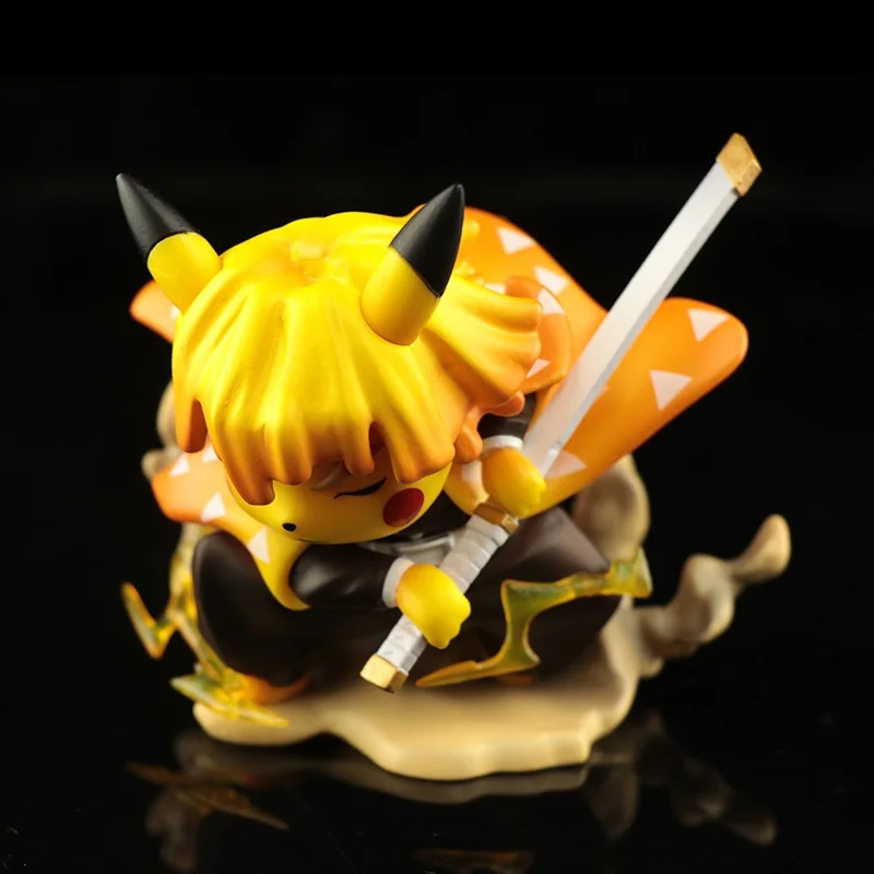 

Pikachu Cosplays Agatsuma Zenitsu Action Figures PVC Pokemon Demon Slayer Doll Anime 10cm Model Toys For Kid Collection Gift