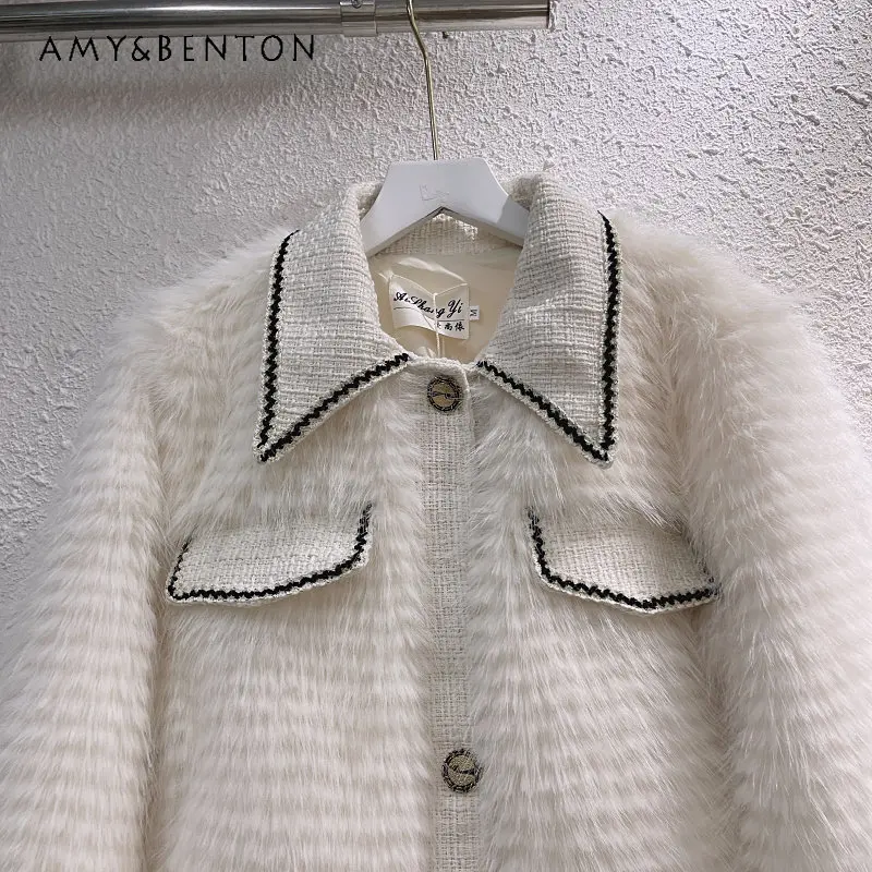 Autumn and Winter Woolen Patchwork Furry Imitation Coat for Women Small Coat Loose Versatile Short Top Fashion Trend Warm Jacket