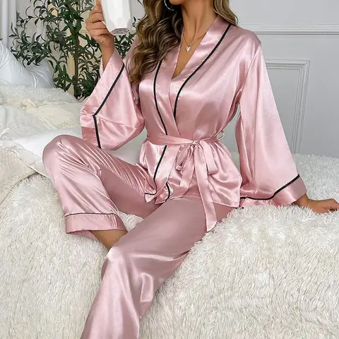 Комплект пижамный женский из 2 предметов, рубашка с длинным рукавом и V-образным вырезом, Повседневная шелковая атласная одежда для сна, домашняя одежда, осень-зима