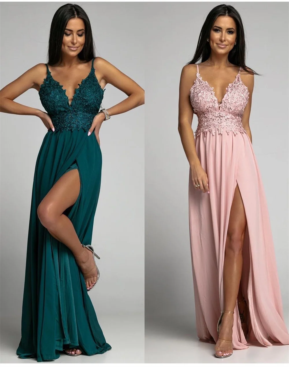 Sexy Women V-neck Maxi Dress 2023 New in Satin Applique Spaghetti Long Dress Elegant Prom Party Graduation Dresses
