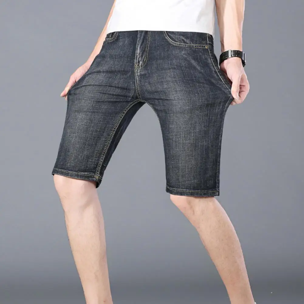 

Short Trousers Solid Color Summer Straight Zipper Fly Knee Length Denim Pants Short Pants for Daily Wear