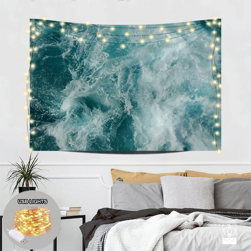 

Blue Ocean Tapestry with Lights Wall Hanging Beautiful Sunset Natural Scenery Background Home Room Decoration Art Accessories