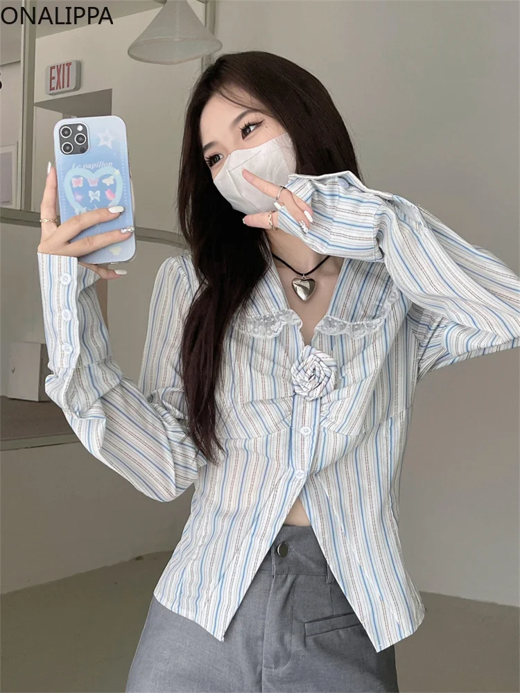 Женская полосатая блузка Onalippa кружевная Лоскутная рубашка с воротником Питер