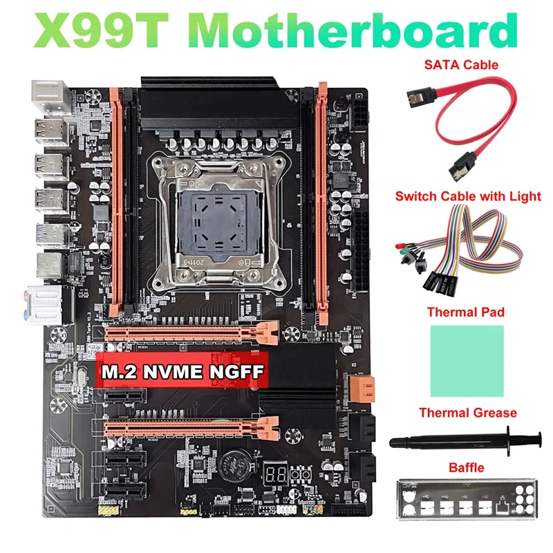 

X99T Desktop Motherboard +SATA Cable+Switch Cable With Light+Baffle+Thermal Grease+Thermal Pad LGA2011-V3 M.2 NVME NGFF DDR4