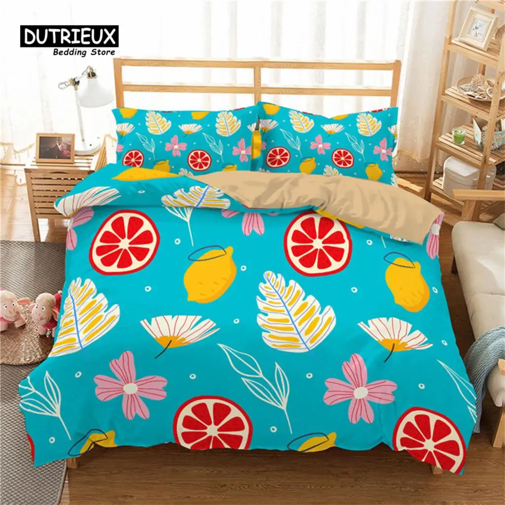 Летний пододеяльник с фруктами гранат оранжевый лимонный узор комплект